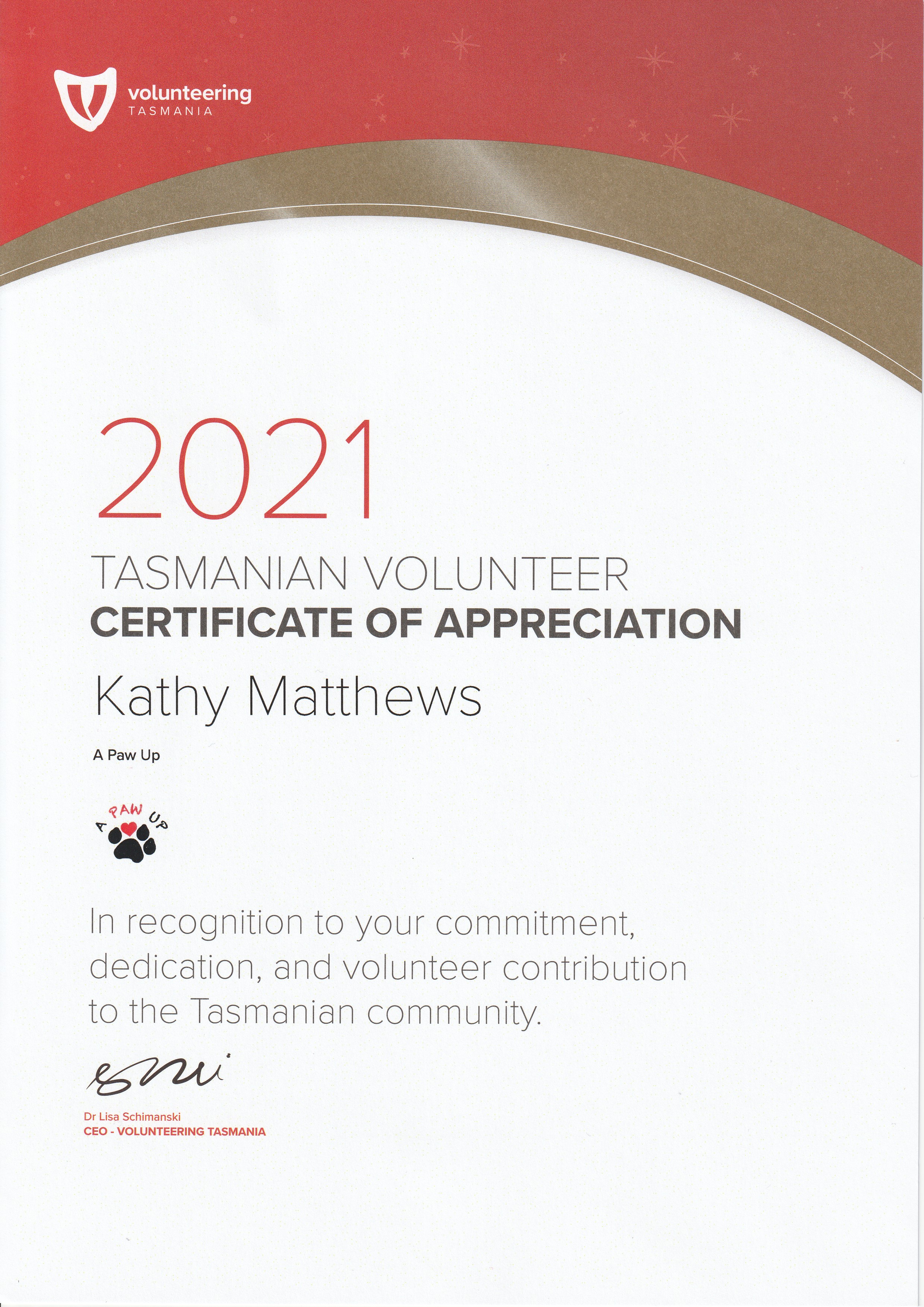 Volunteering Tasmania Certificate of Appreciation 2021